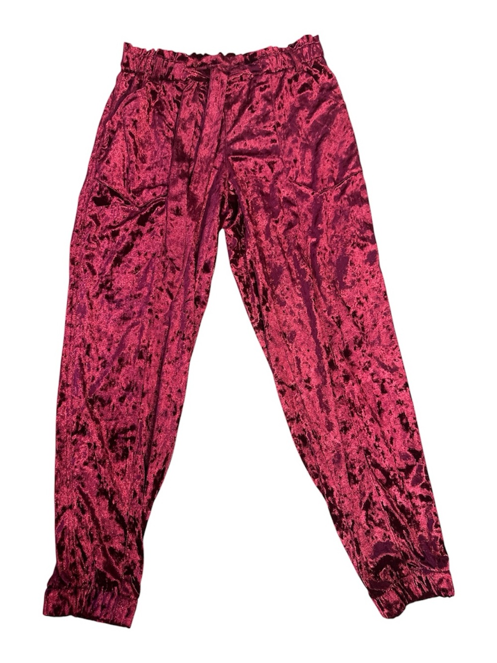 Jolt Burgundy Crushed Velvet Joggers Paperbag waist Tie Belt